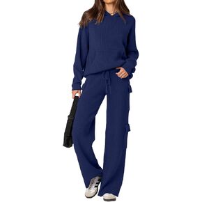 REORIA Women 2 Piece Knit Sweater Set Lounge Hoodie & Cargo Pants Outfit for Fall Winter 2024 Travel Style