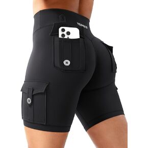 YEOREO Women Workout Biker Shorts with Pockets Hedda Hidden Scrunch High Waisted 8" Inseam Running Cargo Gym Shorts