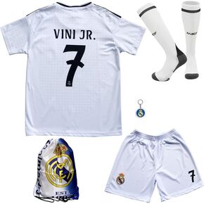 LeenBD 2024/2025 New Vini Jr. No #7 Madrid Home Kids Soccer Jersey Kit Shorts Socks Gift Set Youth Sizes