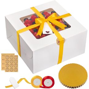 24Pcs Cake Boxes 10 inch with Cake Boards & Labels Stickers 98FT Gold Silk Ribbon, 10"x10"x5" White Bakery Boxes with Windows for Cake, Cookies, Birthday Party (12Pcs Cake Boxes & 12Pcs Cake Boards)