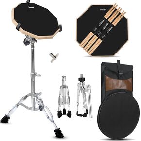 Drum Practice Pad Snare Drum Stand Set 12 In With Double Sided Silent Drum Pad, Drum sticks,Carrying Bag Adjustable Stand for Adults, Beginners