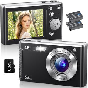 4K Digital Camera,Autofocus 50MP UHD Vlogging Camera for YouTube,Compact Camera with 16X Digital Zoom Anti-Shake,Travel Camera with 32GB Card, 2 Batteries for Beginners and Teens(White)