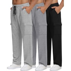 Neer 3 Pack Men's Cargo Sweatpants Baggy Open Bottom Straight Leg Drawstring Joggers Casual Lounge Pants with Pockets
