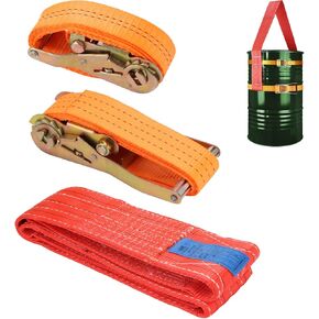Drum Handling Sling for 55 Gallon Drum, Barrel Lifting Web Sling Heavy Duty No tilt with 2 Pack Adjustable Ratchet Strap for Farms Barns Cranes Forklift Trucks, Capacity up to 6000 LBS