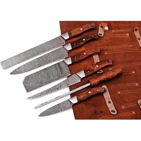 HM-(Brown) Custom Made Damascus Steel #6 Pcs of Professional Utility Kitchen knives Set Comes with Sweet Leather Roll Kit (3712)