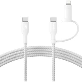 Belkin BoostCharge 2-in-1 USB-C Charging Cable w/USB-C & Lightning Connector - Braided Fast-Charging Cable, Multi-Charging Combo Cord for Apple iPhone, iPad, Samsung, MacBook, & More - Black in Kuwait