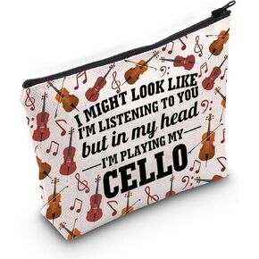 PLITI Funny Cello Gifts Cello Player Gifts Cello Recital Gifts Cello Music Teacher Gift Cellist Musician Makeup Bag (Head Playing Cello Bag)