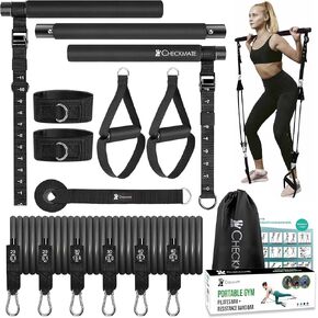 CHECKMATE Pilates Bar Kit with Resistance Bands | 3-Section Pilates Bar with Stackable Bands Workout Equipment for Legs, Hip, Waist & Arm