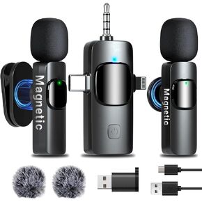 Wireless Microphone Lavalier Clip on Mic - 4-IN-1 Wireless Microphone for Phone with Magnetic Clip, Microphone for Iphone Video Recording Rechargeable Mini Mics 360°Adjustable Noise Canceling