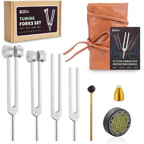 Tuning Forks for Healing, Aluminum Alloy Tuning Fork 128Hz, 136.1Hz, 256Hz, 384Hz, Hockey Puck Activator & Gem feet, Weighted & Unweighted Tuning Fork Set with Vegan Leather Pouch