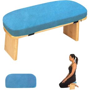 Meditation Bench with Cushion Foldable Ergonomic Bamboo Kneeling Stool Seiza Bench Wooden Meditation Stool Chair Zen Lotus Yoga Stool Floor Sitting Prayer Bench Removable Pillow-Coral Blue