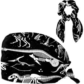 Surgical Cap with Hair Scrunchy, Bouffant Cap with Sweatband, Dinosaurs Skeleton, Reusable Scrub Hat