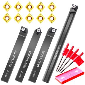 Lathe Turning-Tools Bit Set 14pcs - Metal Lathe Cutting Tools 4pcs 1/2" Shank Turning Holders Threading Holder Boring Bars+10pcs Indexable Carbide Inserts CCMT09T304 for Lathe Tools