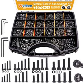 weideer 3670pcs M2 M3 M4 M5 Metric Screw Assortment Kit,Metric Bolt Assortment,12.9 Alloy Steel Hex Socket Head 10.9 Alloy Steel Hex Button Head Machine Screws Nuts Washers with Wrench