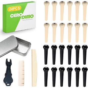 24 PCS Acoustic Guitar Bridge Pins with Puller Remover Tool, Saddle and Nut, Replacement Parts for Acoustic Guitar, White and Black