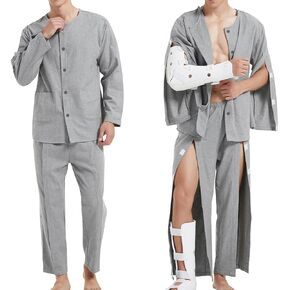 Cotton Bedridden Patient Clothing Men, Hook and Loop Tearaway Thick Warm Flannelette Home Care Disability Clothing Post Surgery Dialysis Elderly Arm Leg Full Open Comfortable Hospital Gowns for Men
