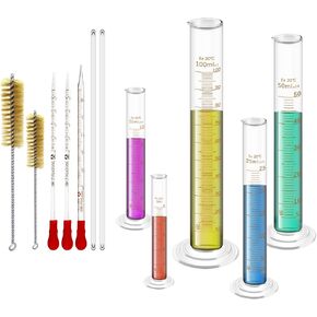 12PCS Lab Glassware Set, 5PCS Graduated Measuring Cylinder Set 5ml 10ml 25ml 50ml 100ml, Thick Glass, 3 Glass Droppers with 2 Cleaning Brushes, Borosilicate Glas for Liquid Measuring