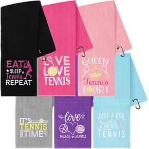 6 Pcs Tennis Towel Funny Soft Tennis Prints Towels Embroidered Tennis Towel with Carabiner Clip Tennis Hand Towels Tennis Gift for Women Men Team Sports Tennis Court Accessories