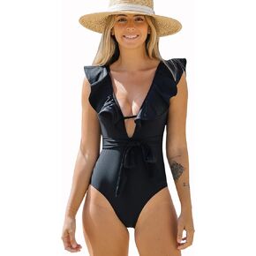 SPORLIKE Women One Piece Swimsuit V-Neck Ruffle Bathing Suit Padded Monokini
