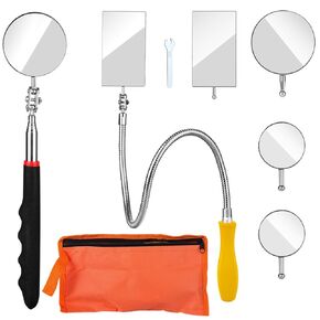 Telescoping Inspection Mirror, Flexible Retractable Automotive Extension Round Mirror 360 Rotation&Bendable Square Mirror, Extendable Mirror on a Stick with 4 Replaceable Mirror & 1 Storage Bag