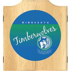 Trademark Global Dart Board Cabinet Set - Minnesota Timberwolves Hardwood Classics Dart Board with 6 Steel Tip Darts, Scoreboard, Hanging Wood Cupboard