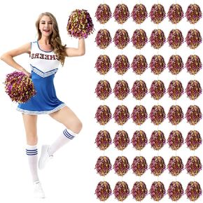 REHALY 48Pcs Pom Poms Cheerleading Cheerleader Pom Poms Spirited Cheer Pom Poms Bulk Metallic Foil Squad Team for Kids Adults Cheerleader Gifts Team Spirit Sports