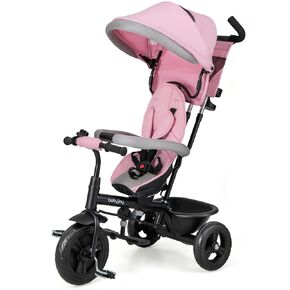 BABY JOY Tricycle, 4 in 1 Toddler Bike w/Removable Canopy, Adjustable Push Handle, Reversible Seat, Safety Belt, Folding Footrest & Storage Basket, Toddler Tricycle for Boys Girls 9-60 Months (Pink)