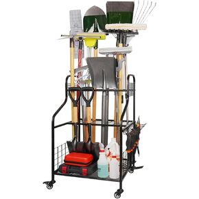 FZK Garden Tool Organizer,Garage Storage,Garden Tool Organizer for Garage,Yard Tool Organizer for Garage,Wheeled Garden Tool Rack,Up to 40 Long-Handled Garden Tool Storage,Garage Tool Organizer
