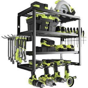 Heavy Duty Power Tool Organizer Wall Mount, Storage Rack for Garage Organization, Cordless Drill Holder and Battery Shelf, Metal Tool Organizers with Charging Station