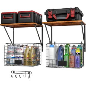 2 Pack Garage Shelves Wall Mounted with Wire baskets, Heavy Duty Garage Wall Shelving with Hooks, Wire Shelf Baskets Tool Organizer for Home Garden Garage Organization and Storage