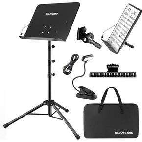 5 in 1 Dual-use Sheet Music Stand & Desktop Book Stand, Folding Music Stand with Portable Carrying Bag, Sheet Music Folder & Rechargeable Music Stand Light