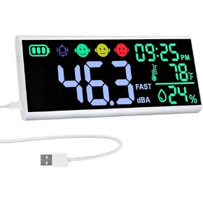 Decibel Meter Wall Hanging and Desktop Sound Level Meter 13 inches Large LED Display Decibel Time Humidity Ambient Temperature with Icons Alarm Buzzer Noise Monitor for Classroom Factory Studio