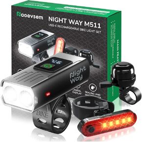 Bike Lights Set w/Bicycle Bell LED Super Bright Rechargeable USB-C Headlight Front & Back Light Kit for Night Riding in Mountain 6+4 Light Modes Waterproof Gift for Men Women Boys Kids Black