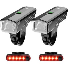 4 Pack Bike Lights Front and Back,Rechargeable USB-C Strong Brightness Bike Headlight and Tail Light,Waterproof Bicycle Light for Mountain,Road,Commuter Cycling -Fits All Bikes