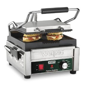 Waring Commercial WPG150 Panini Perfetto® Compact Ribbed Panini Grill, 20 minute countdown timer, 120V, 1800W, 5-15 Phase Plug