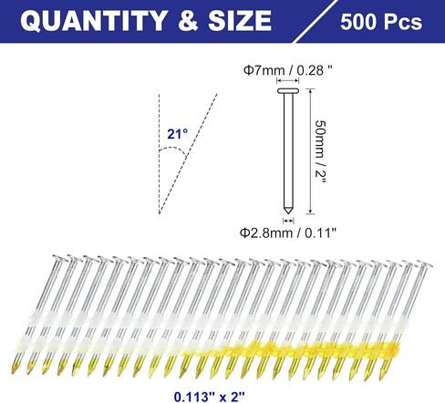 uxcell 500Pcs 21 Degree 0.113" x 2" Framing Nails, Galvanized Carbon Steel Plastic Collated Nails for Furniture/Constructions, Color Zinc in Saudi Arabia