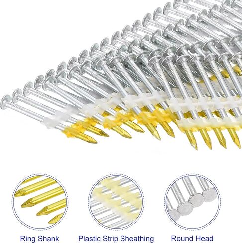 uxcell 500Pcs 21 Degree 0.113" x 2" Framing Nails, Galvanized Carbon Steel Plastic Collated Nails for Furniture/Constructions, Color Zinc in Saudi Arabia