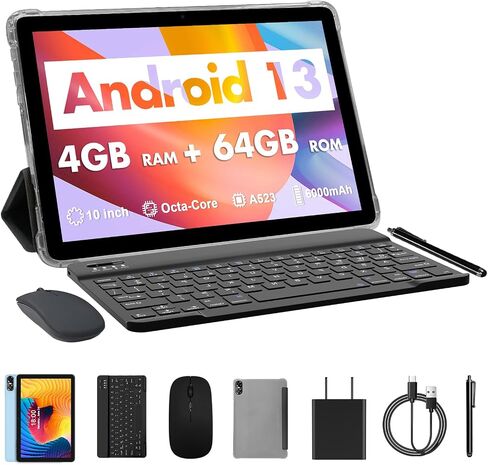 VASOUN Tablet 10-Inch Android 13, (4+4GB Expand) RAM 64GB ROM, 2 in 1 Tablets with 2.4/5G WiFi, BT 5.0, Leather Case, Keyboard,Mouse, Stylus Included in Saudi Arabia
