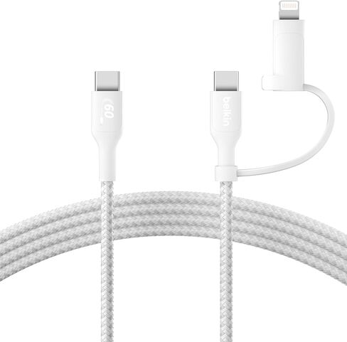 Belkin BoostCharge 2-in-1 USB-C Charging Cable w/USB-C & Lightning Connector - Braided Fast-Charging Cable, Multi-Charging Combo Cord for Apple iPhone, iPad, Samsung, MacBook, & More - Black in Kuwait