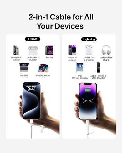 Belkin BoostCharge 2-in-1 USB-C Charging Cable w/USB-C & Lightning Connector - Braided Fast-Charging Cable, Multi-Charging Combo Cord for Apple iPhone, iPad, Samsung, MacBook, & More - Black in Kuwait