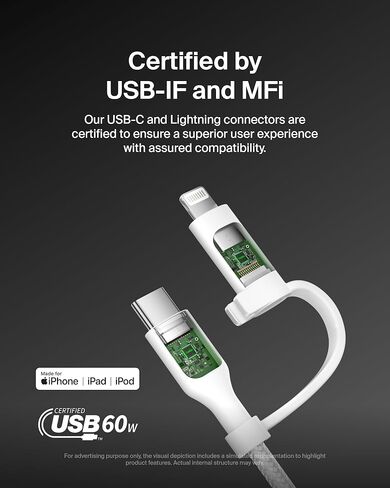 Belkin BoostCharge 2-in-1 USB-C Charging Cable w/USB-C & Lightning Connector - Braided Fast-Charging Cable, Multi-Charging Combo Cord for Apple iPhone, iPad, Samsung, MacBook, & More - Black in Kuwait