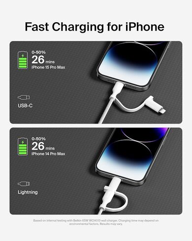 Belkin BoostCharge 2-in-1 USB-C Charging Cable w/USB-C & Lightning Connector - Braided Fast-Charging Cable, Multi-Charging Combo Cord for Apple iPhone, iPad, Samsung, MacBook, & More - Black in Kuwait