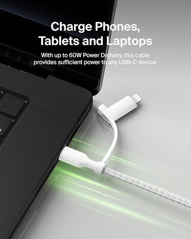 Belkin BoostCharge 2-in-1 USB-C Charging Cable w/USB-C & Lightning Connector - Braided Fast-Charging Cable, Multi-Charging Combo Cord for Apple iPhone, iPad, Samsung, MacBook, & More - Black in Kuwait