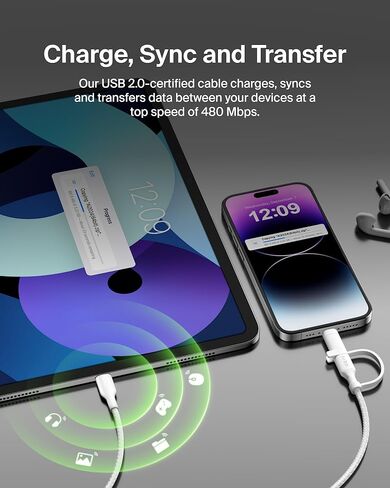 Belkin BoostCharge 2-in-1 USB-C Charging Cable w/USB-C & Lightning Connector - Braided Fast-Charging Cable, Multi-Charging Combo Cord for Apple iPhone, iPad, Samsung, MacBook, & More - Black in Kuwait