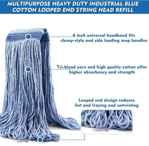 24 oz Loop-End Cotton Mop Head, Heavy Duty Mop Refills, 6 Inch Headband, Mop Head Replacement for Home, Industrial and Commercial Use (Blue) in Kuwait