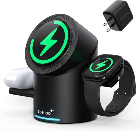 ZEEHOO 3 in 1 Charging Station for Apple Devices, Mag-Safe Charger Stand, Qi2 15W Auto-Rotating Wireless Charging Station for iPhone 16/15/14/13/12 Series& AirPods& iWatch(30W Charger Included) White in Kuwait