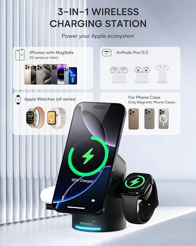 ZEEHOO 3 in 1 Charging Station for Apple Devices, Mag-Safe Charger Stand, Qi2 15W Auto-Rotating Wireless Charging Station for iPhone 16/15/14/13/12 Series& AirPods& iWatch(30W Charger Included) White in Kuwait