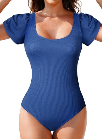 Aleumdr Women's One Piece Swimsuit Ribbed Bathing Suits Tummy Control Ruched Ruffle Swimwear in Kuwait