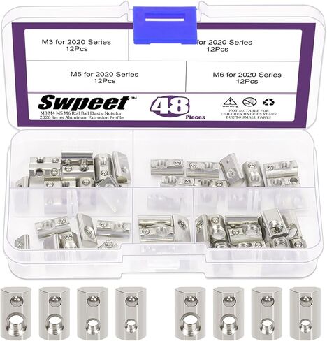 Swpeet 48 قطعة 2020 سلسلة الكربون الصلب المطلي بالنيكل لفة في الربيع T الجوز M3 M4 M5 M6 مجموعة متنوعة، المكسرات فتحة T، لفة الكرة المكسرات المرنة لسلسلة 2020 الألومنيوم النتوء السكك الحديدية in Kuwait