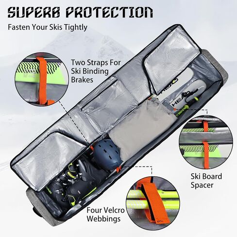 Goloni Ski Bag with Wheels,Padded Snowboard Bag for Air Travel,600D Waterproof Fabric,Foldable Snow Bag Fits 2 Pairs Skis in Kuwait